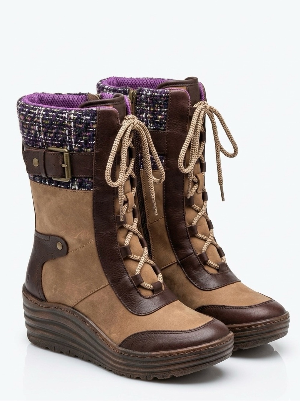 BIONICA Garland Brown Leather Purple Tweed Wedge Snow Boot 6.5 Gorpcore